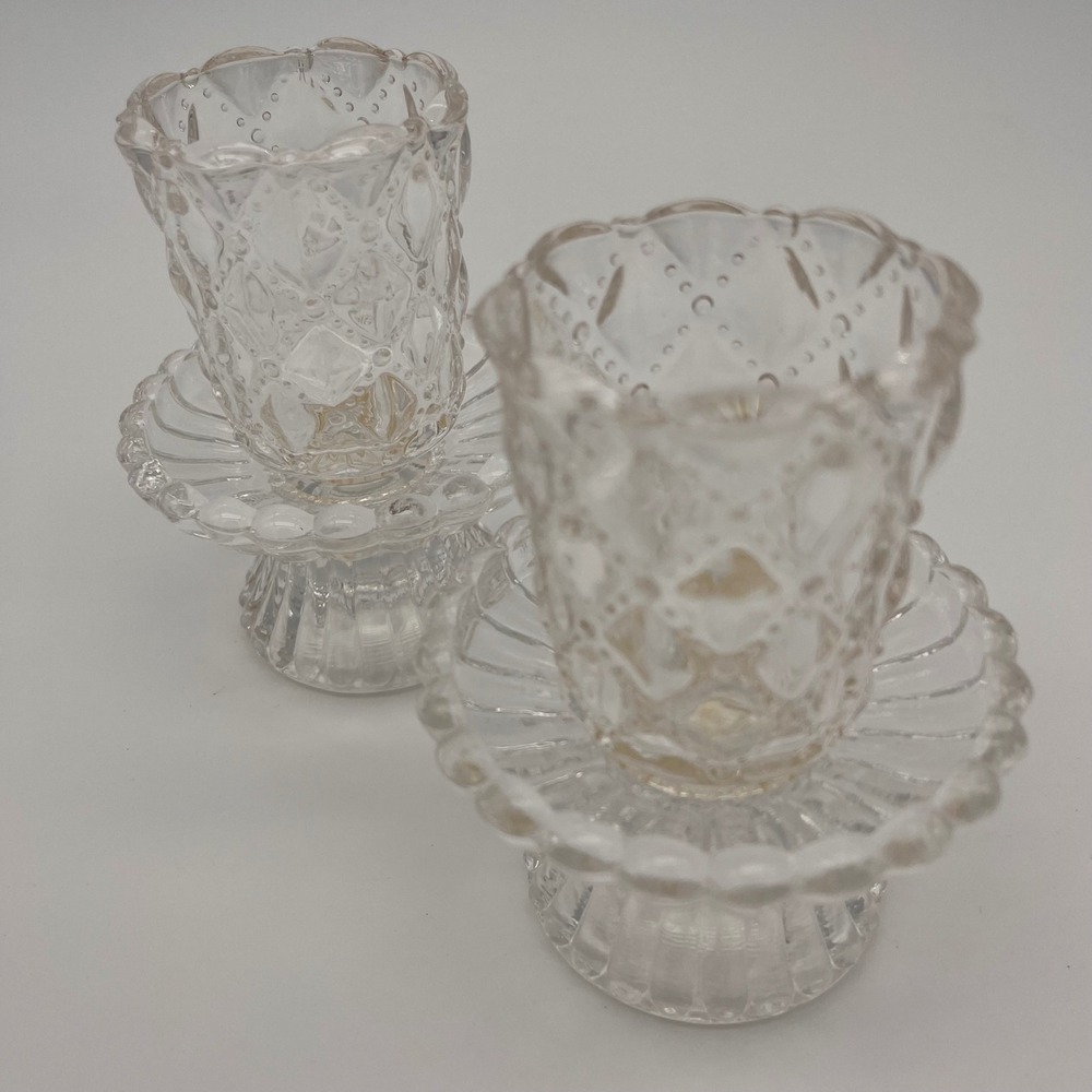 Vintage Clear Pressed Glass Reversible Taper Votive Candle Holders Set of 2